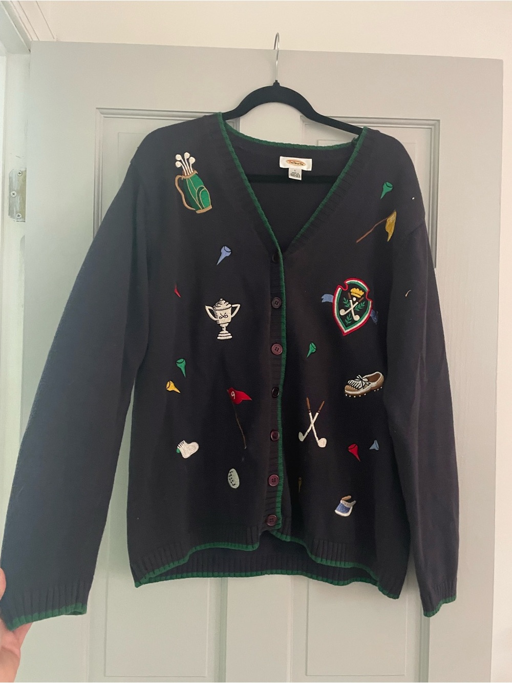 Talbots Navy Embroidered Golf-Themed Cardigan with Green Trim - Picture 4 of 7